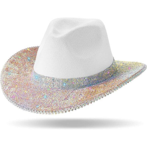 White Women Cowgirl Hat Hercicy Rhinestone Bling Western Wide Diamond Fringe - Picture 1 of 6
